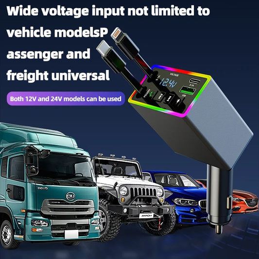 4-in-1 Retractable USB Car Charger – Fast Charging Cigarette Lighter Adapter with Digital Voltage Display & RGB Light