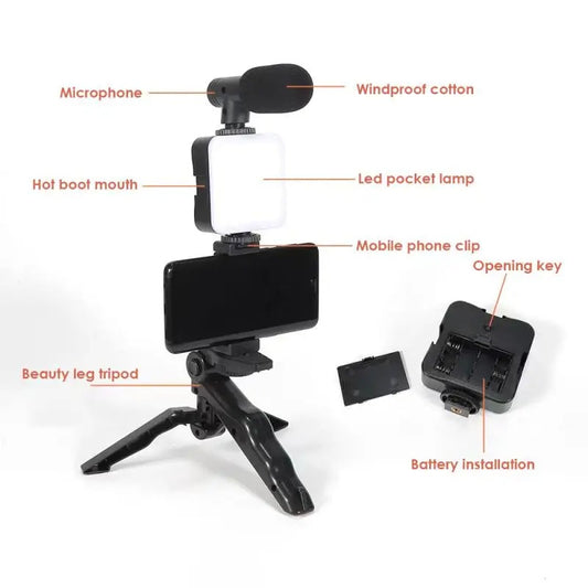 Cell Phone Tripod Kit with LED Fill Light & Microphone – Portable Live Streaming and Photography Setup for Smartphones