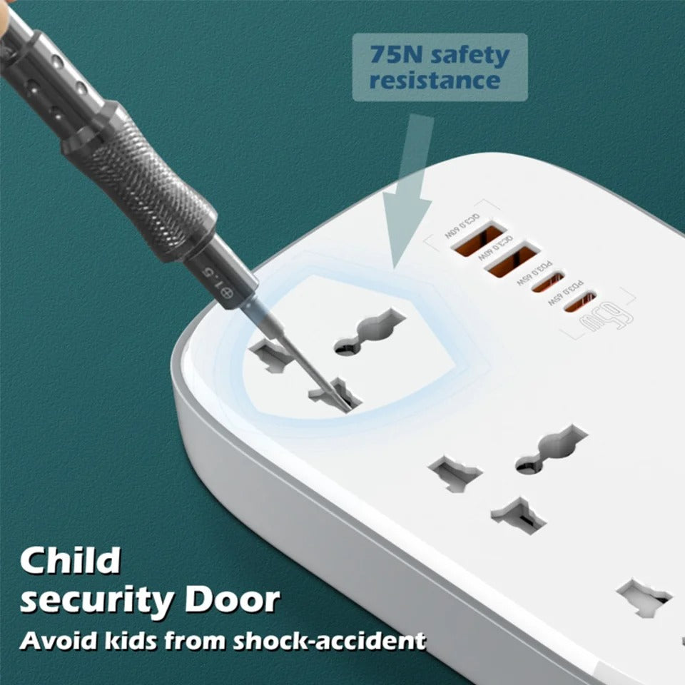 LDNIO 3250W Universal Power Strip with 65W GaN Fast USB Charger – 3 AC Outlets & 4 USB Ports, Surge Protector, 2m Extension Cable (EU/US/UK Plug)