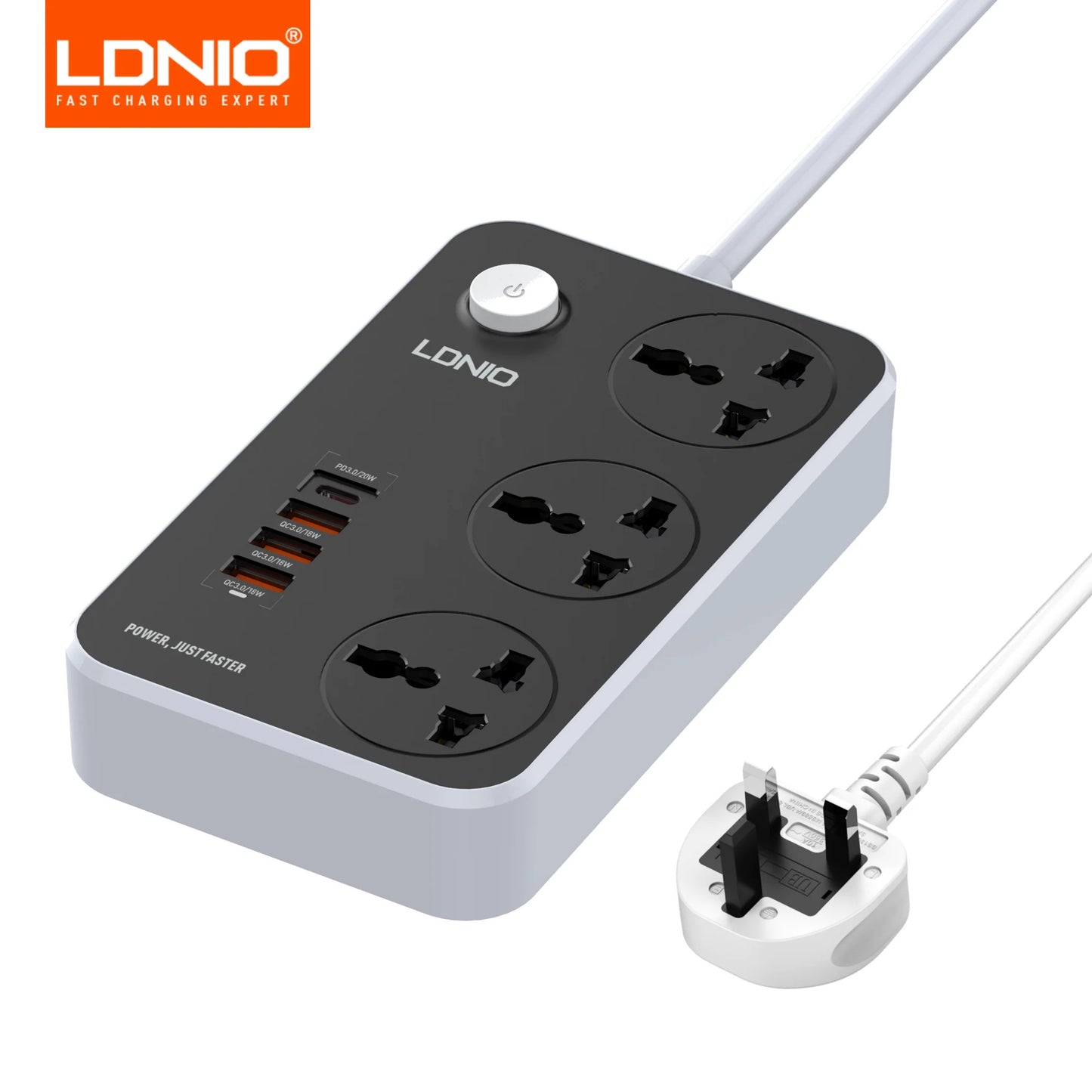 LDNIO 8-in-1 GaN Smart Extension Power Strip – 3 AC Sockets with 32W Fast Charging (20W USB-C + 18W USB-A), Universal Power Socket