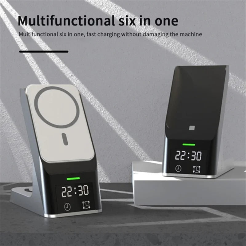 H26 Magnetic 6-in-1 Wireless Charging Station with Clock – 15W Fast Charger for iPhone, AirPods & Apple Watch (ABS+PC)