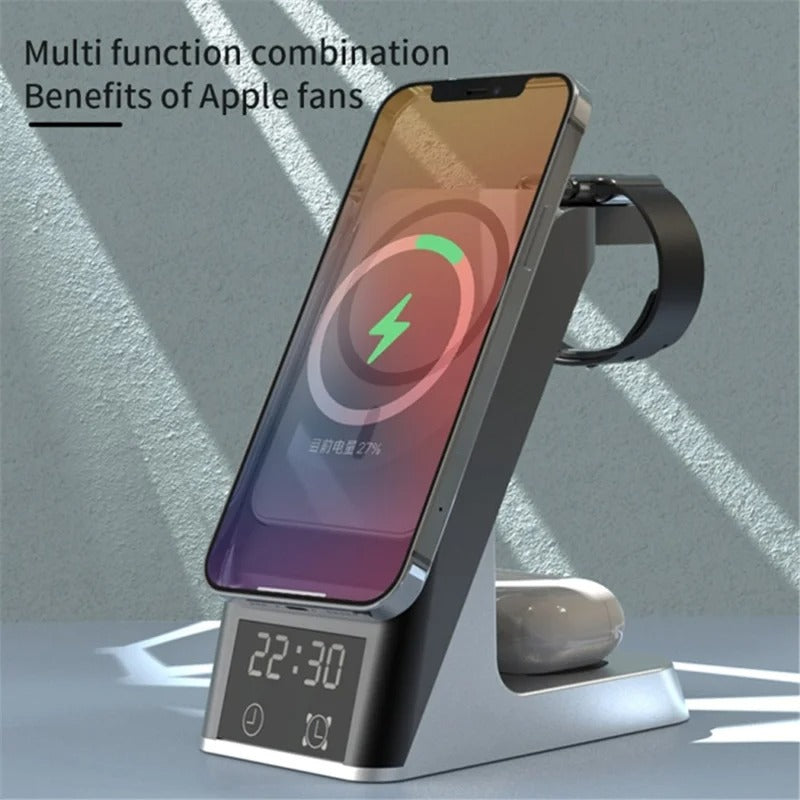 H26 Magnetic 6-in-1 Wireless Charging Station with Clock – 15W Fast Charger for iPhone, AirPods & Apple Watch (ABS+PC)