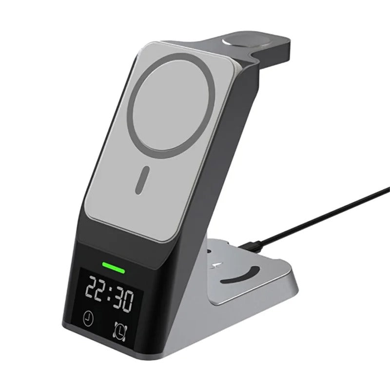 H26 Magnetic 6-in-1 Wireless Charging Station with Clock – 15W Fast Charger for iPhone, AirPods & Apple Watch (ABS+PC)