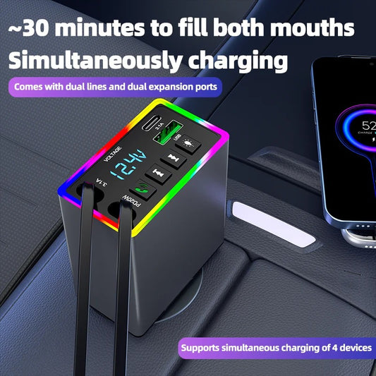 4-in-1 Retractable USB Car Charger – Fast Charging Cigarette Lighter Adapter with Digital Voltage Display & RGB Light