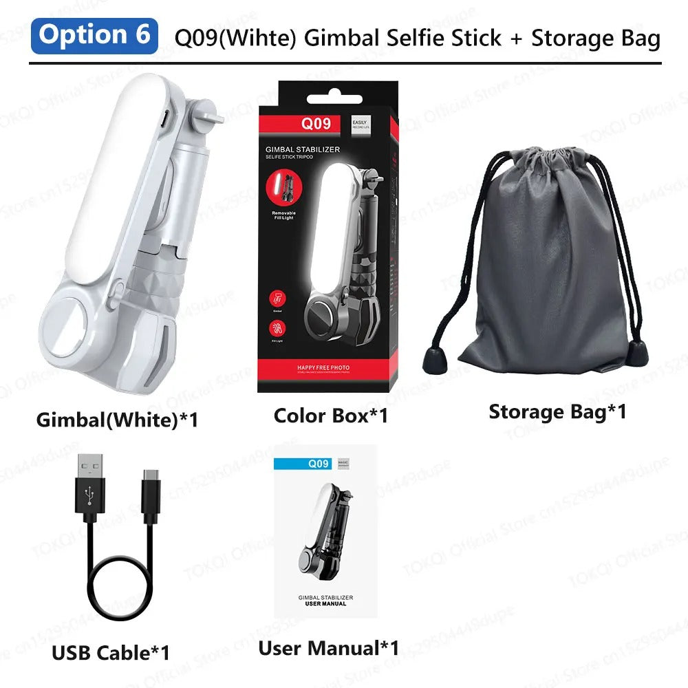 Q09 Anti-Shake Gimbal Stabilizer Selfie Stick with Bluetooth Remote, Mini Tripod & Detachable Fill Light for iOS and Android Smartphones