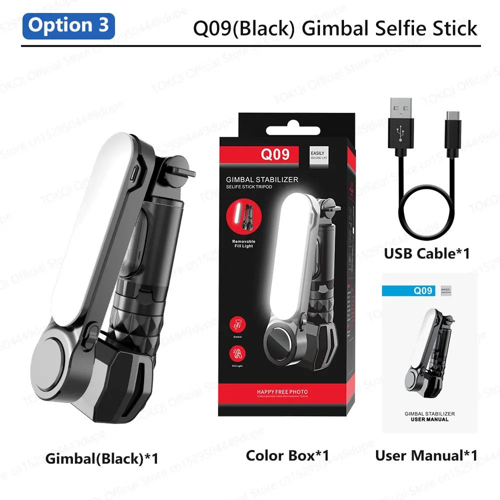 Q09 Anti-Shake Gimbal Stabilizer Selfie Stick with Bluetooth Remote, Mini Tripod & Detachable Fill Light for iOS and Android Smartphones