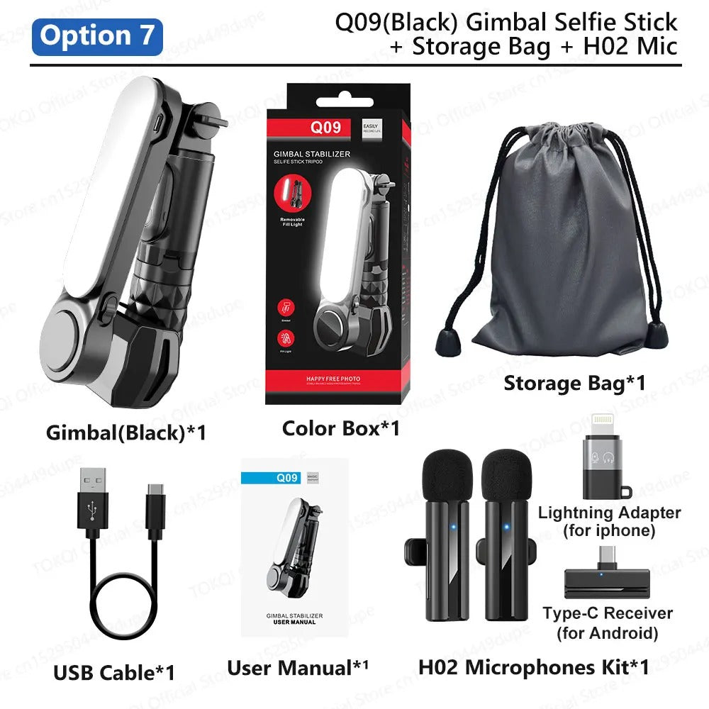 Q09 Anti-Shake Gimbal Stabilizer Selfie Stick with Bluetooth Remote, Mini Tripod & Detachable Fill Light for iOS and Android Smartphones
