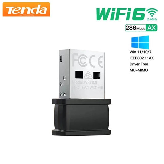 Tenda W311MI AX300 WiFi 6 Mini USB Network Adapter – 286 Mbps 2.4 GHz Driver-Free Dongle for PC & Laptop (Windows 7/10/11)