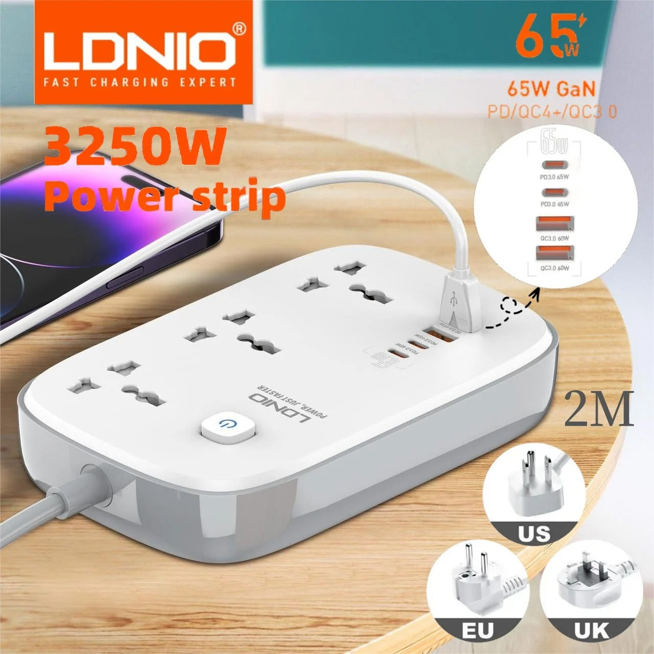 LDNIO 3250W Universal Power Strip with 65W GaN Fast USB Charger – 3 AC Outlets & 4 USB Ports, Surge Protector, 2m Extension Cable (EU/US/UK Plug)