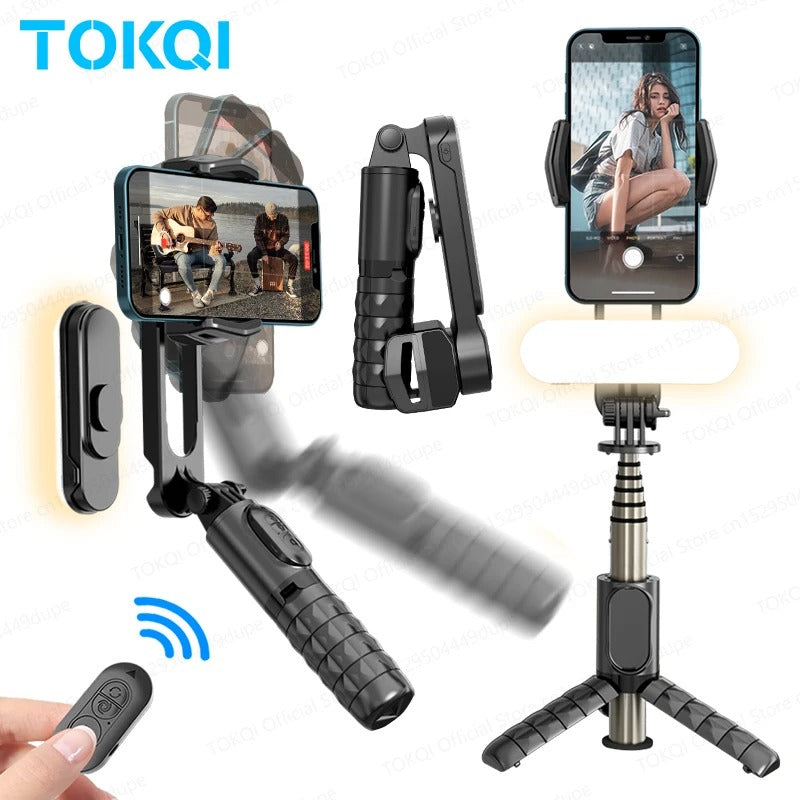 Q09 Anti-Shake Gimbal Stabilizer Selfie Stick with Bluetooth Remote, Mini Tripod & Detachable Fill Light for iOS and Android Smartphones