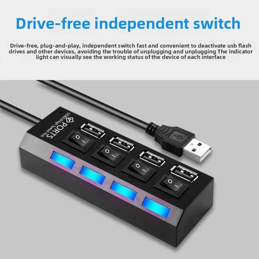 USB 2.0 4-Port Expansion Hub – Independent Switch Docking Station & Splitter Adapter for Computer and Office Accessories