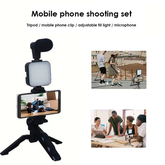 Cell Phone Tripod Kit with LED Fill Light & Microphone – Portable Live Streaming and Photography Setup for Smartphones
