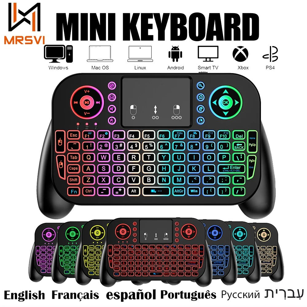 V8 Mini Wireless Keyboard – 7-Color Backlit, 2.4G & Bluetooth Dual-Mode, Air Mouse Remote with Touchpad for Android TV Box, PC & Smart Devices (Spanish/Portuguese Layout)