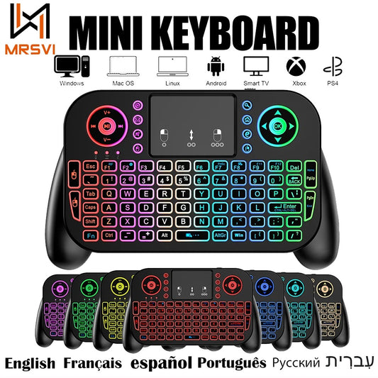 V8 Mini Wireless Keyboard – 7-Color Backlit, 2.4G & Bluetooth Dual-Mode, Air Mouse Remote with Touchpad for Android TV Box, PC & Smart Devices (Spanish/Portuguese Layout)