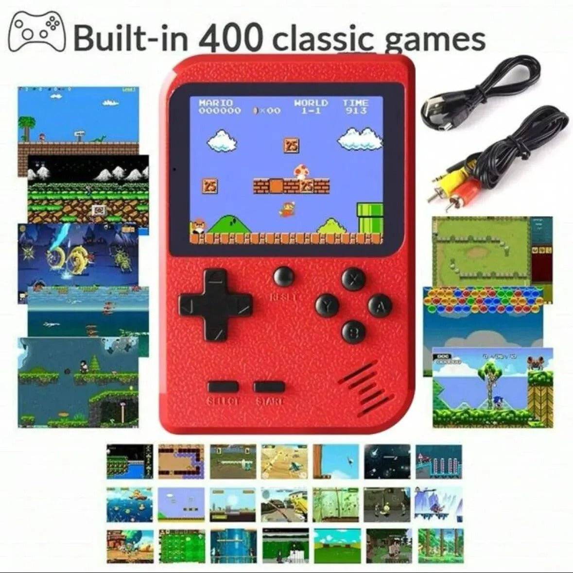Red Retro Handheld Game Console – 400 Built-In Classic Games, TV Connectivity, Rechargeable & Portable
