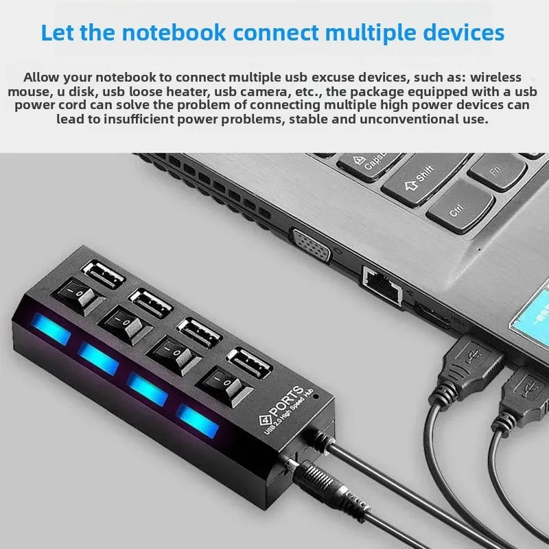 USB 2.0 4-Port Expansion Hub – Independent Switch Docking Station & Splitter Adapter for Computer and Office Accessories