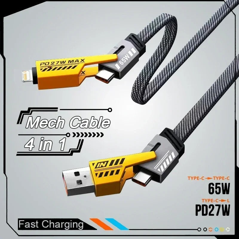 4-in-1 Fast Charging Cable, 65W PD QC Mecha Cable for AndroidiPhone, USB C Multi-Port Quick Charge Wire