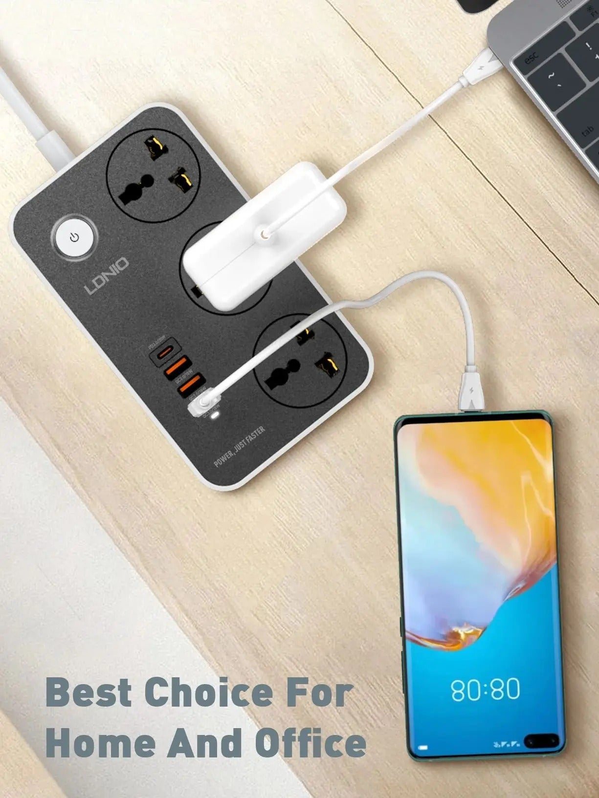 LDNIO 8-in-1 GaN Smart Extension Power Strip – 3 AC Sockets with 32W Fast Charging (20W USB-C + 18W USB-A), Universal Power Socket