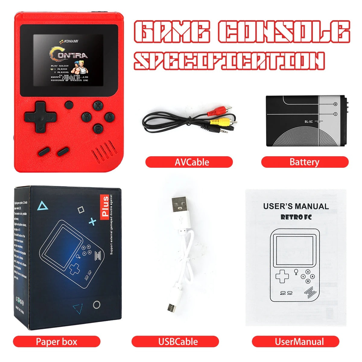 Red Retro Handheld Game Console – 400 Built-In Classic Games, TV Connectivity, Rechargeable & Portable