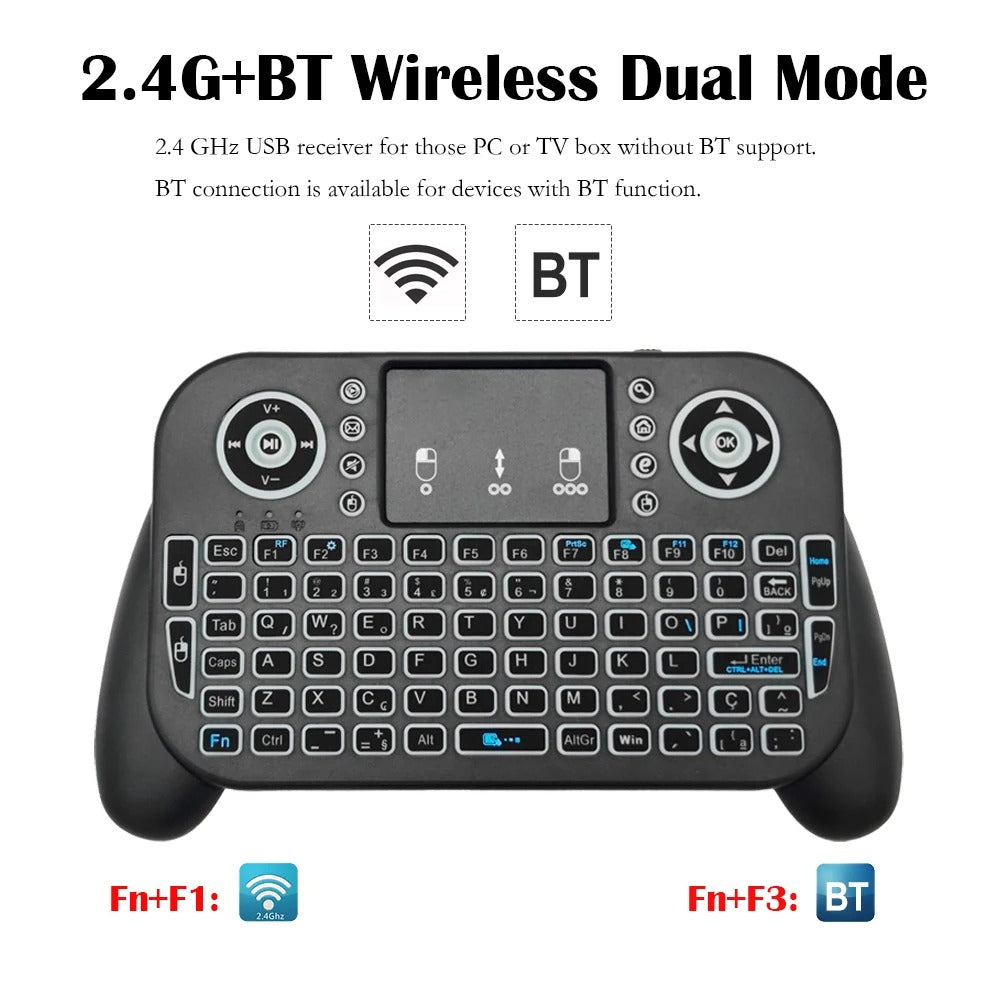 V8 Mini Wireless Keyboard – 7-Color Backlit, 2.4G & Bluetooth Dual-Mode, Air Mouse Remote with Touchpad for Android TV Box, PC & Smart Devices (Spanish/Portuguese Layout)