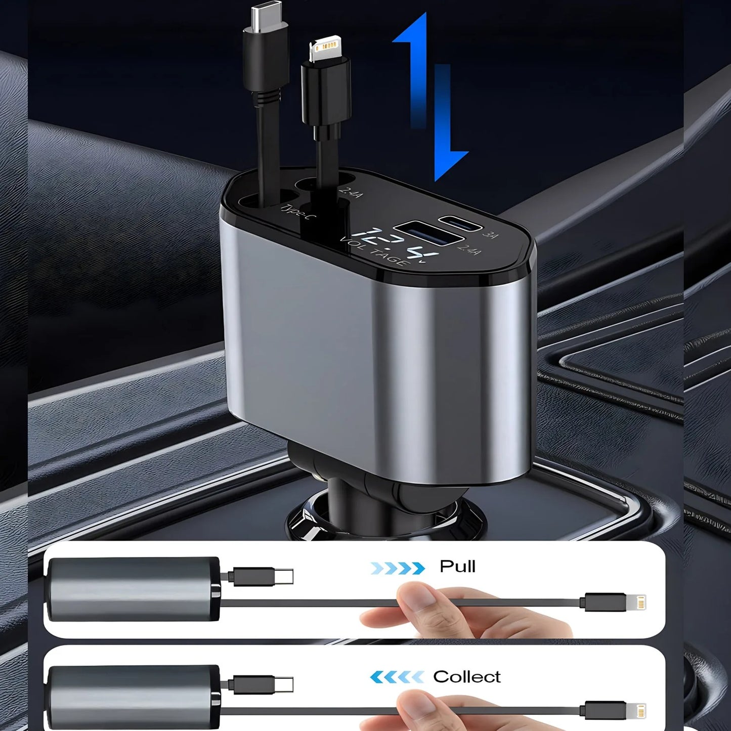 120W 4-in-1 USB-C Fast Car Charger with Retractable Cigarette Lighter Adapter – Quick Charge QC3.0 + PD for iPhone, Samsung, Huawei & Xiaomi