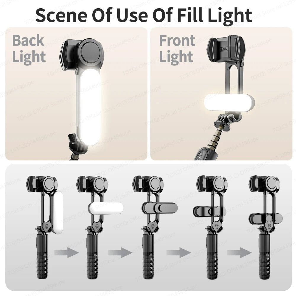 Q09 Anti-Shake Gimbal Stabilizer Selfie Stick with Bluetooth Remote, Mini Tripod & Detachable Fill Light for iOS and Android Smartphones