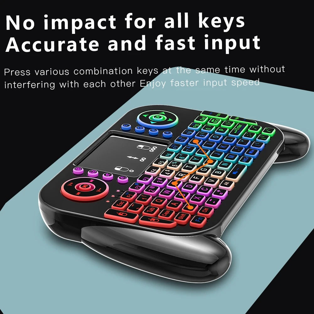 V8 Mini Wireless Keyboard – 7-Color Backlit, 2.4G & Bluetooth Dual-Mode, Air Mouse Remote with Touchpad for Android TV Box, PC & Smart Devices (Spanish/Portuguese Layout)