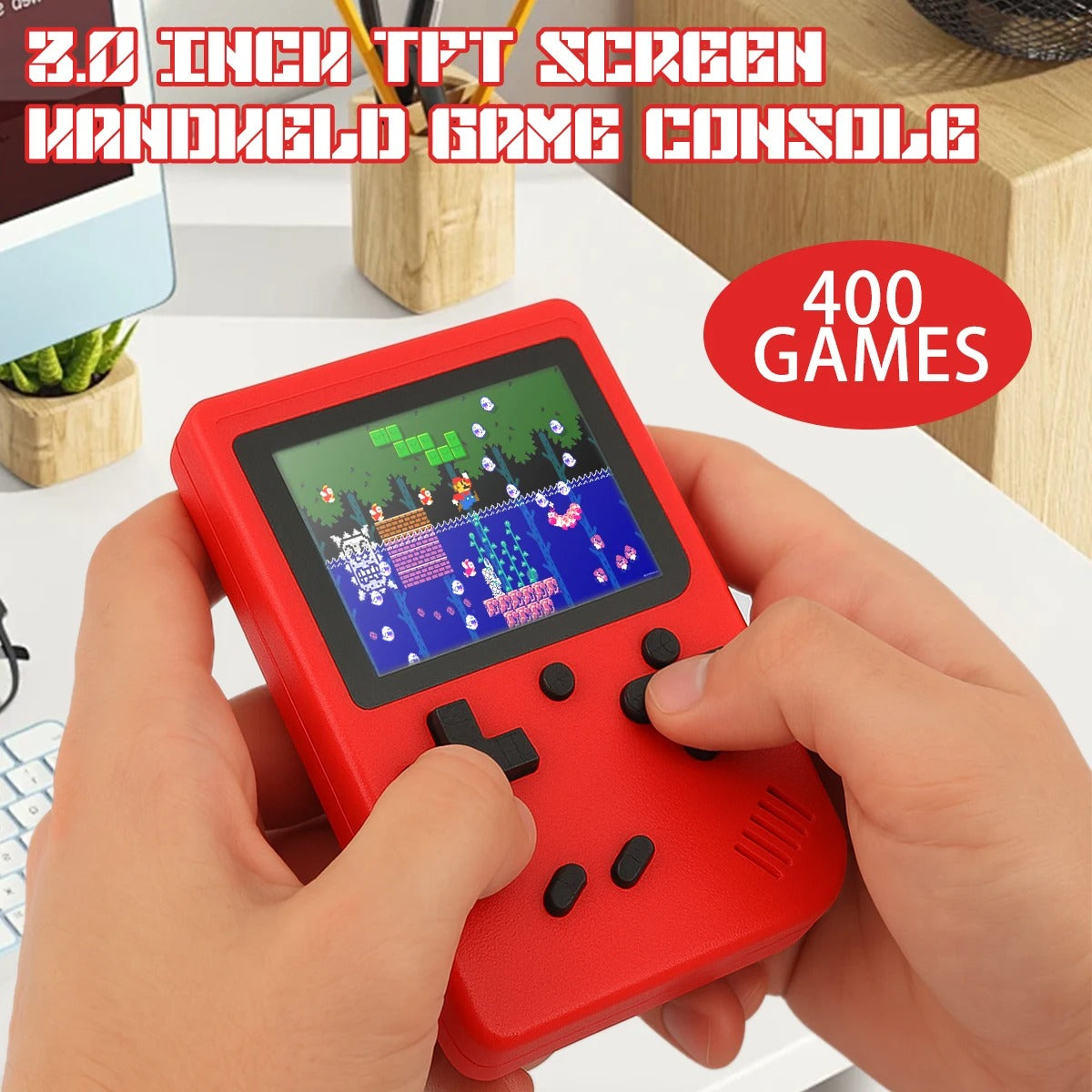 Red Retro Handheld Game Console – 400 Built-In Classic Games, TV Connectivity, Rechargeable & Portable
