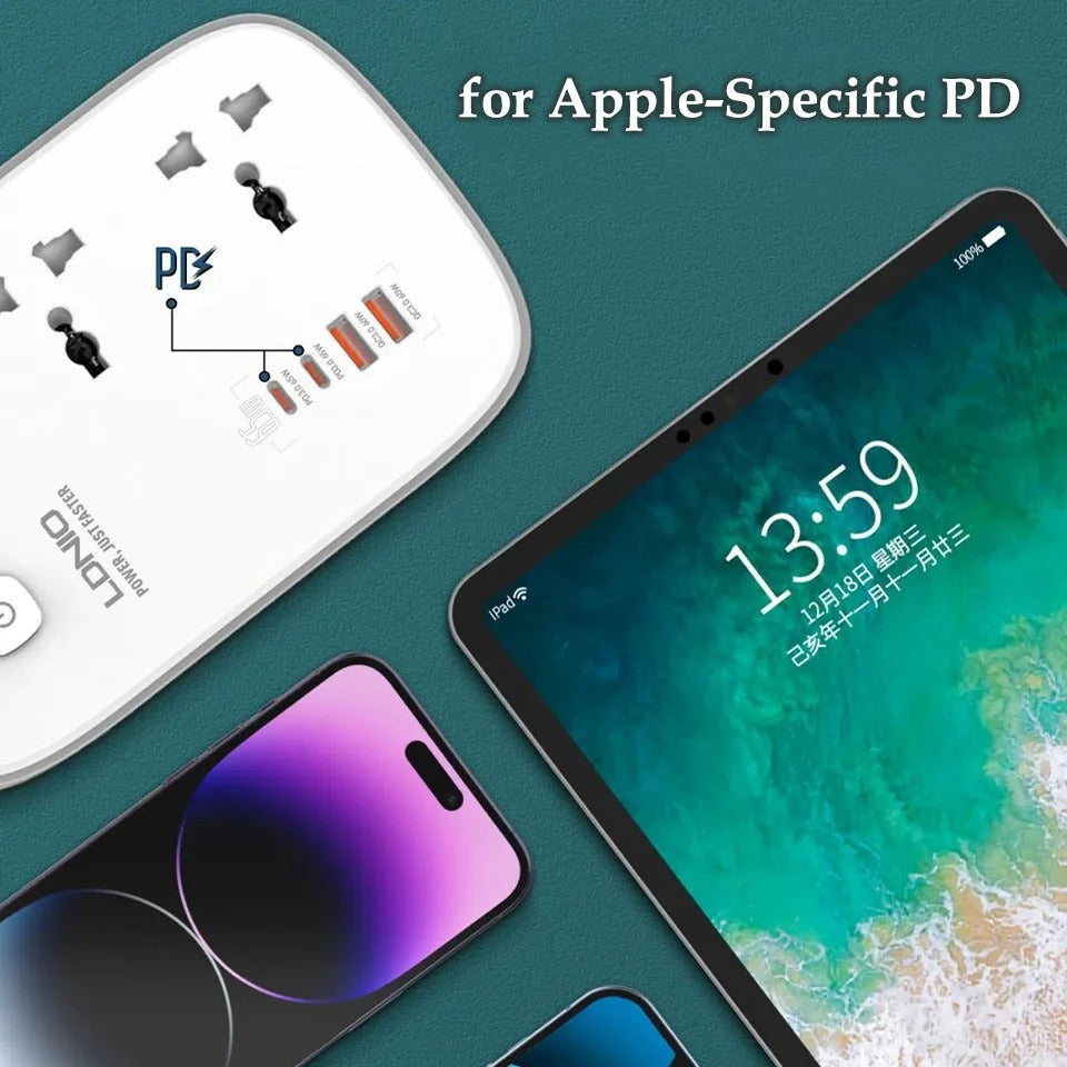 LDNIO 3250W Universal Power Strip with 65W GaN Fast USB Charger – 3 AC Outlets & 4 USB Ports, Surge Protector, 2m Extension Cable (EU/US/UK Plug)