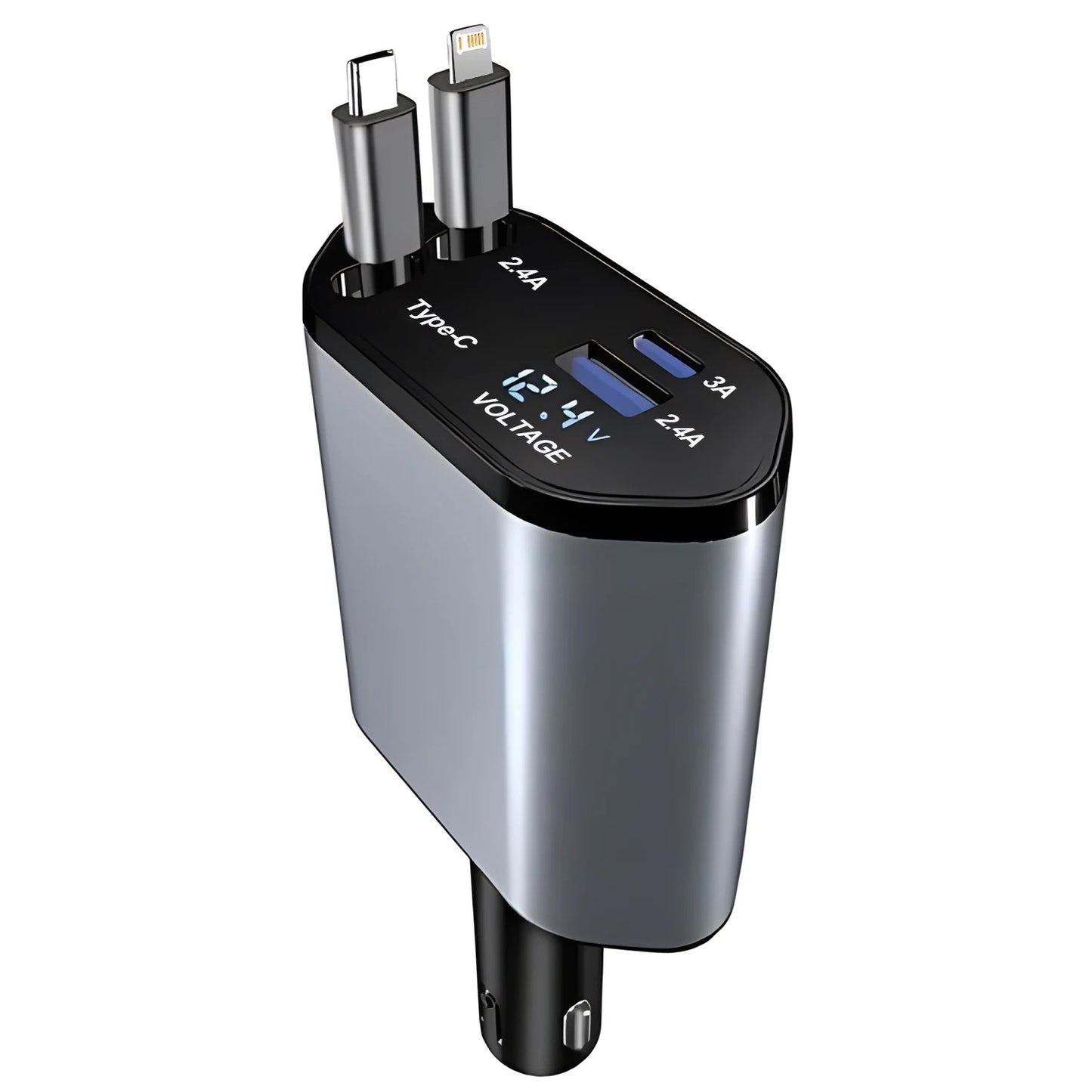 120W 4-in-1 USB-C Fast Car Charger with Retractable Cigarette Lighter Adapter – Quick Charge QC3.0 + PD for iPhone, Samsung, Huawei & Xiaomi