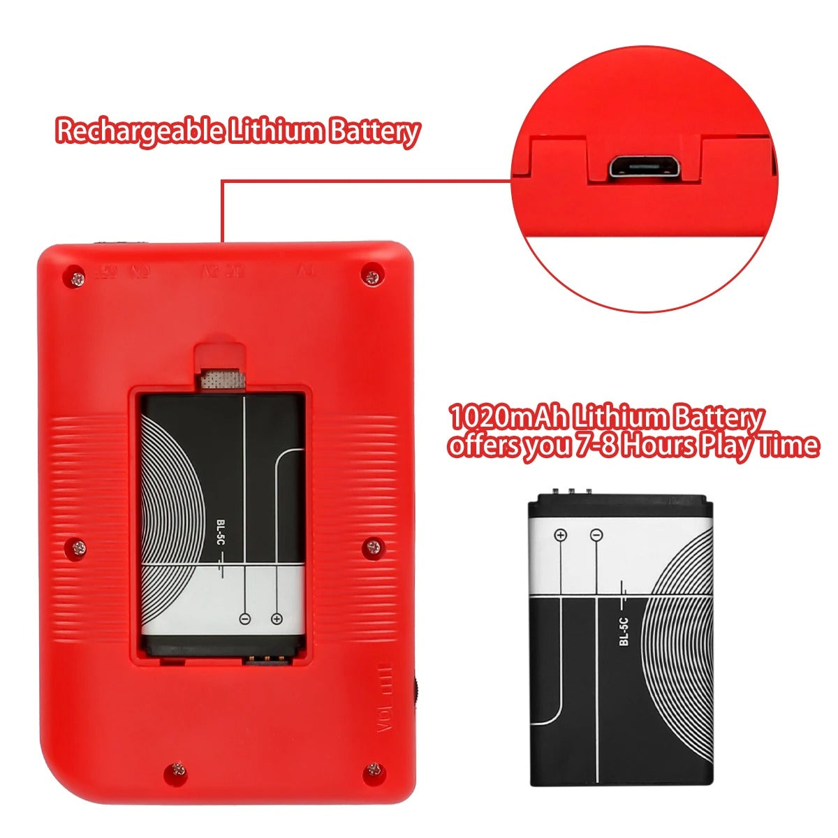 Red Retro Handheld Game Console – 400 Built-In Classic Games, TV Connectivity, Rechargeable & Portable