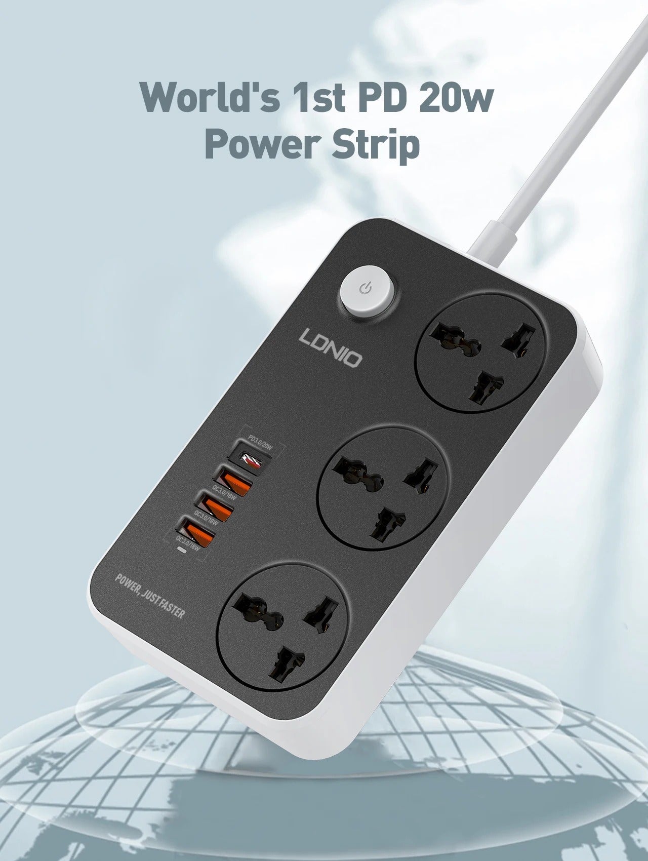 LDNIO 8-in-1 GaN Smart Extension Power Strip – 3 AC Sockets with 32W Fast Charging (20W USB-C + 18W USB-A), Universal Power Socket