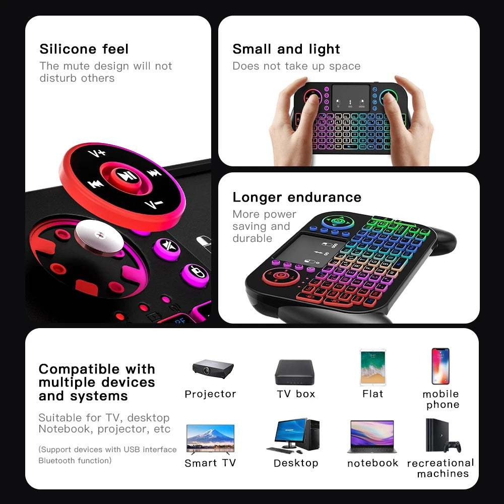 V8 Mini Wireless Keyboard – 7-Color Backlit, 2.4G & Bluetooth Dual-Mode, Air Mouse Remote with Touchpad for Android TV Box, PC & Smart Devices (Spanish/Portuguese Layout)