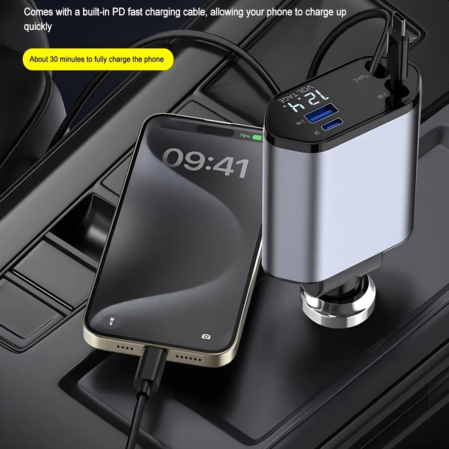 120W 4-in-1 USB-C Fast Car Charger with Retractable Cigarette Lighter Adapter – Quick Charge QC3.0 + PD for iPhone, Samsung, Huawei & Xiaomi