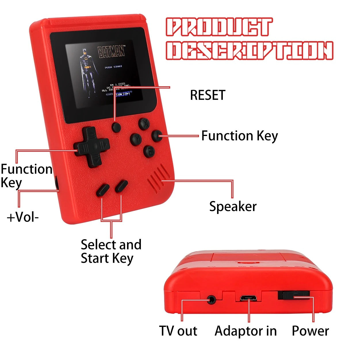 Red Retro Handheld Game Console – 400 Built-In Classic Games, TV Connectivity, Rechargeable & Portable