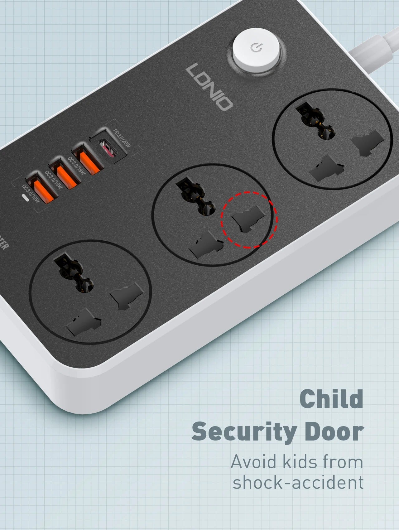 LDNIO 8-in-1 GaN Smart Extension Power Strip – 3 AC Sockets with 32W Fast Charging (20W USB-C + 18W USB-A), Universal Power Socket