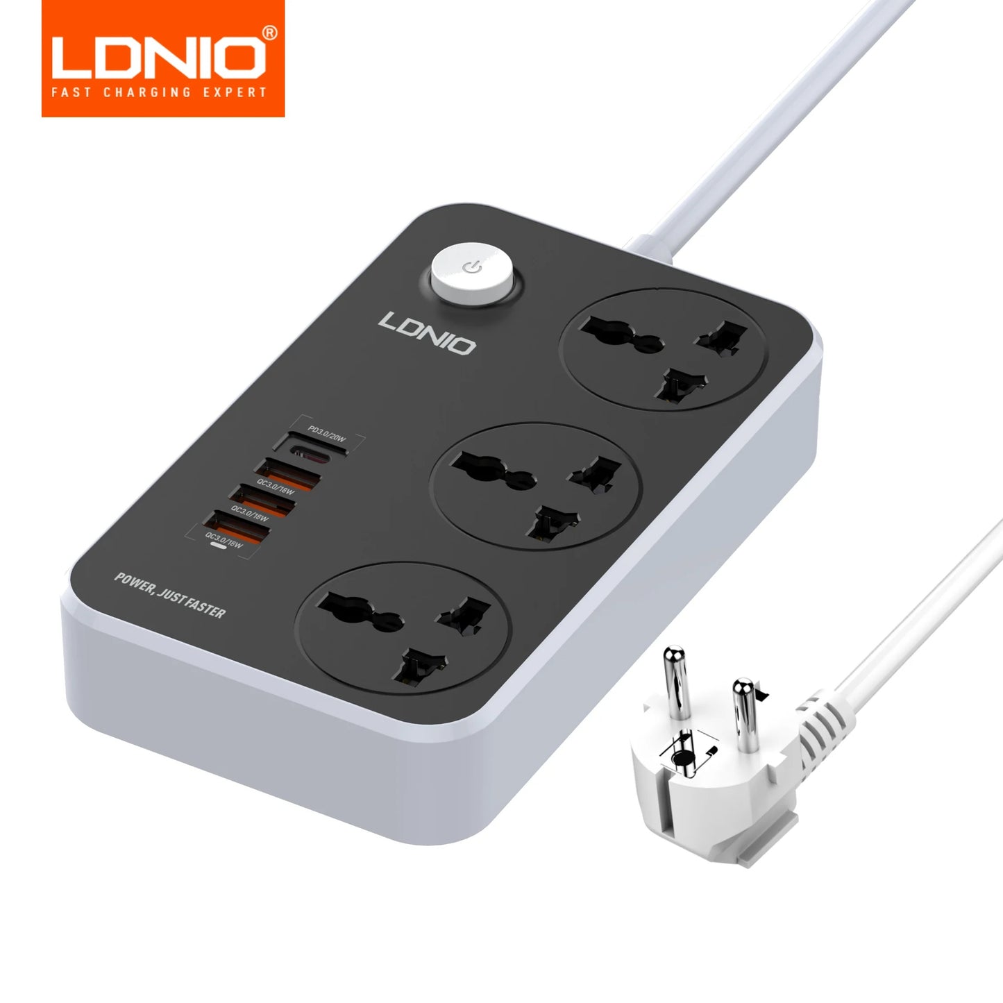 LDNIO 8-in-1 GaN Smart Extension Power Strip – 3 AC Sockets with 32W Fast Charging (20W USB-C + 18W USB-A), Universal Power Socket