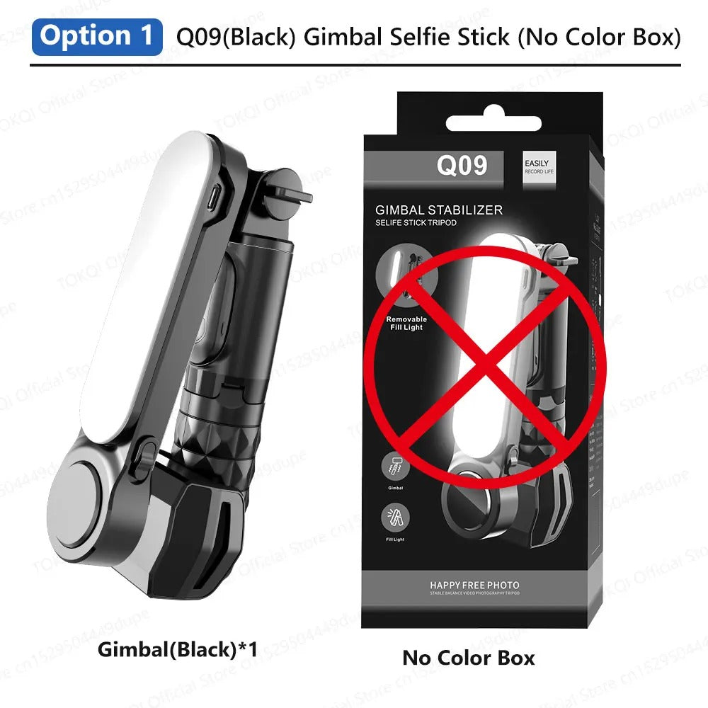 Q09 Anti-Shake Gimbal Stabilizer Selfie Stick with Bluetooth Remote, Mini Tripod & Detachable Fill Light for iOS and Android Smartphones
