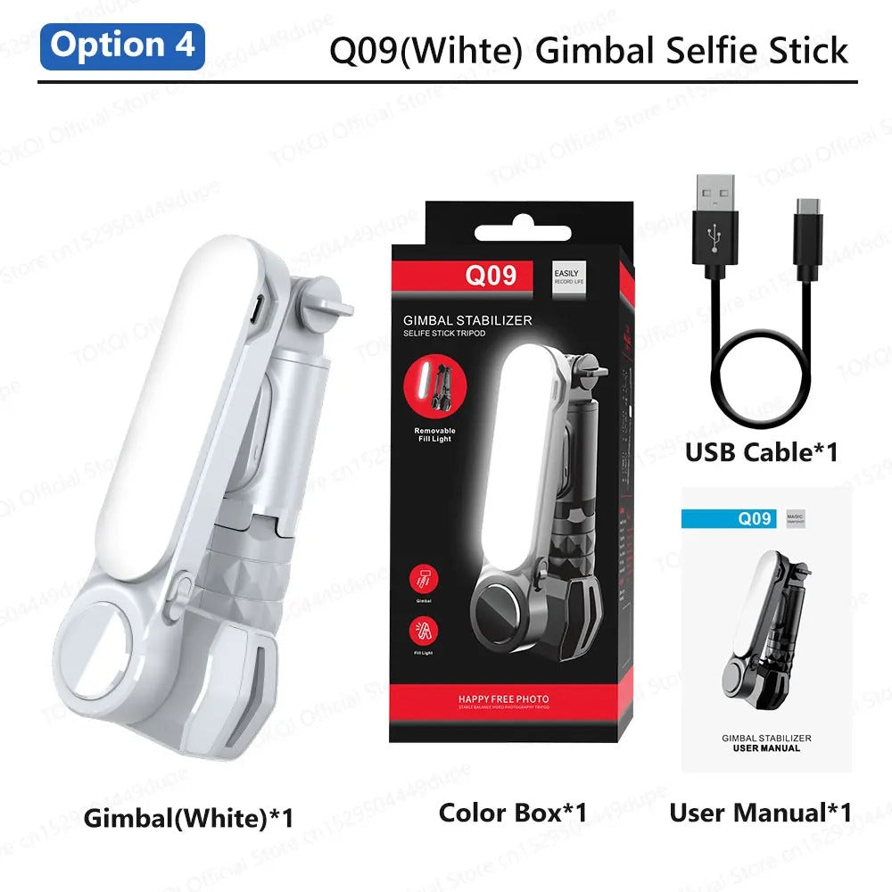 Q09 Anti-Shake Gimbal Stabilizer Selfie Stick with Bluetooth Remote, Mini Tripod & Detachable Fill Light for iOS and Android Smartphones